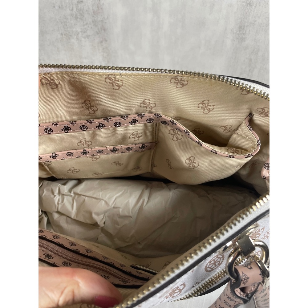 Guess Bella Vita Dome Satchel Handbag White Brown Logo Print Convertible Strap - Picture 6 of 15